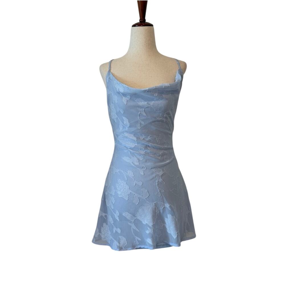 NWOT Edikted Floral Embroidered Chiffon Backless Mini Dress, Blue, Small